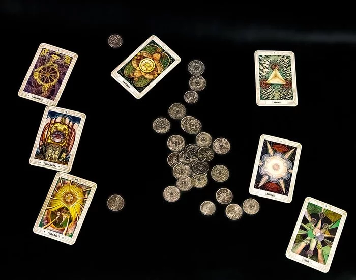 Suit of Coins and real coins - Tarot cards, Coin