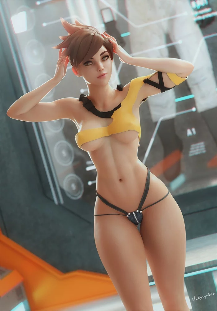 Трейсер - NSFW, Арт, Девушки, Эротика, Overwatch, Tracer, Сиськи, Попа, Noahgraphicz, 3D, Длиннопост