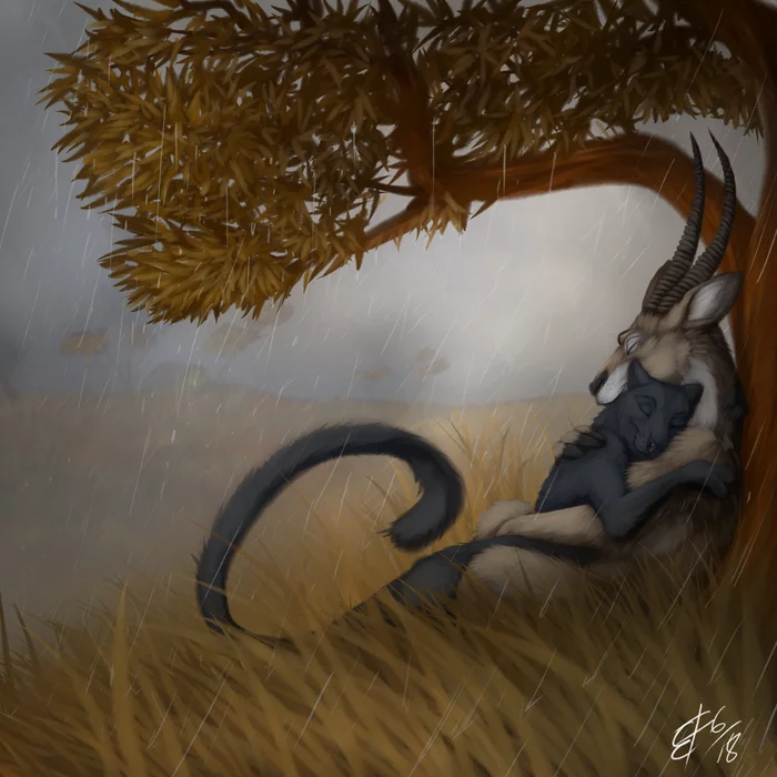 Hide and hide from the rain - Furry, Furry art, Art, Furry feline, Furry Panther, Antelope, Hugs, Lizet