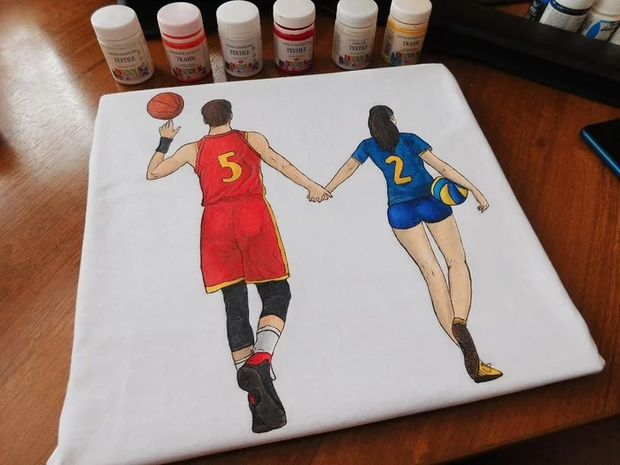 First painting of a T-shirt according to my own sketch - My, Painting on fabric, Creation, Painting, Cloth, Hobby, Basketball, Volleyball, T-shirt, Needlework with process, Longpost