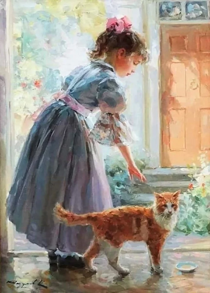 With a cat - Painting, Artist, Art, cat, Children, Girl, Konstantin Razumov