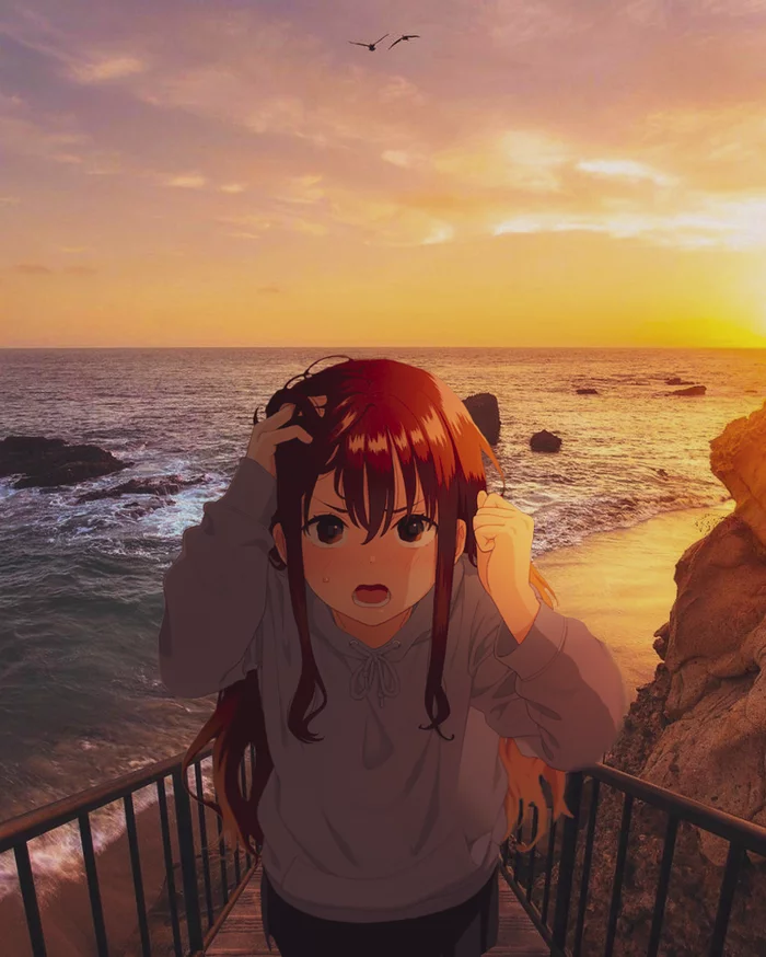 Unhappy Sunset - My, Anime, Anime art, Girls, Evening, Beach, 2D Among Us, Anime madskillz