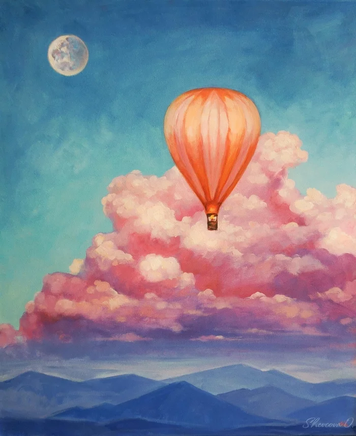 pink dreams - My, Tenderness, Drawing, Illustrations, Balloon, Lilac, Oil painting, Painting, Interior painting, , Purple, Pink, Romance, Landscape, moon, Sky, The mountains, Evening, Longpost