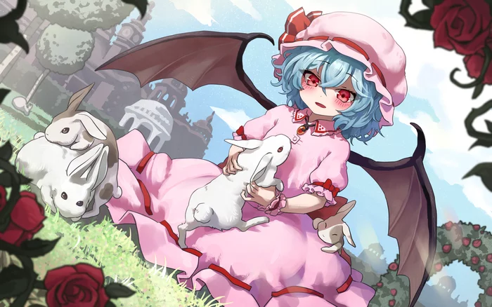 Remilia Scarlet plays with bunnies - Touhou, Remilia scarlet, Anime art, Anime, Games