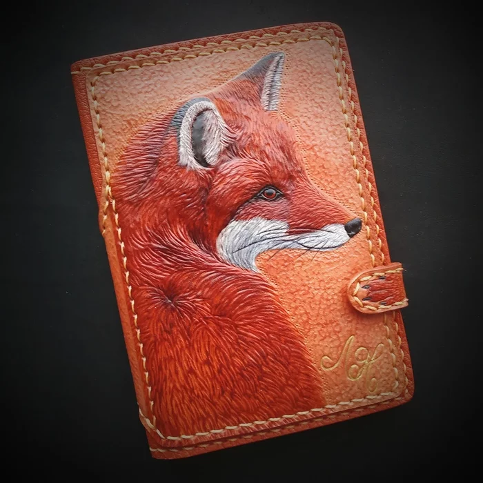 Passport cover - My, Leather, Leather products, Cover, Fox, Embossing on leather, Video, Longpost, Needlework without process