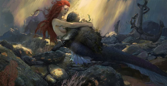 In the arms of a mermaid - NSFW, Art, Drawing, Mermaid, Dead body, Hugs, Under the water, Xuan Liu