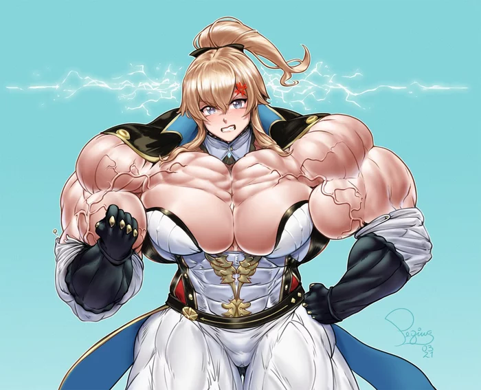 The genie is furious! - NSFW, Strong girl, Muscleart, Sleep-Sleep, Extreme muscles, Art, Girls, Breast, Genshin impact, Jean (Genshin Impact), Anime, Anime art, Pegius