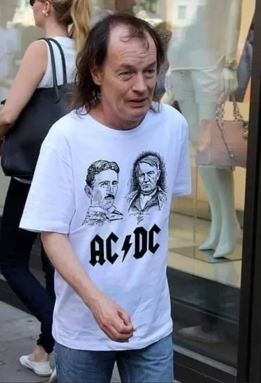 AC/DC - AC DC, Angus Young, Edison, T-shirt, Drawing, The photo, Nikola Tesla