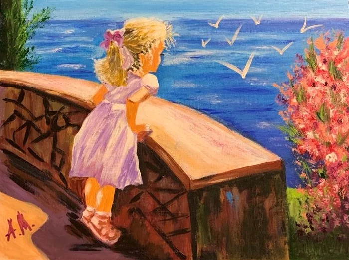 Girl and sea - My, Drawing, Girl, Sea, Seagulls, Creation