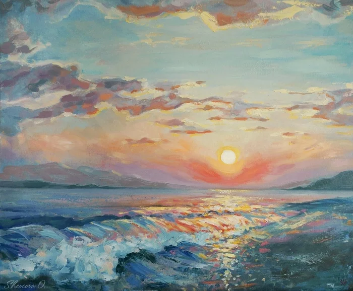 Sea oil painting - My, Drawing, Butter, Painting, Oil painting, Sunset, Sea, Shore