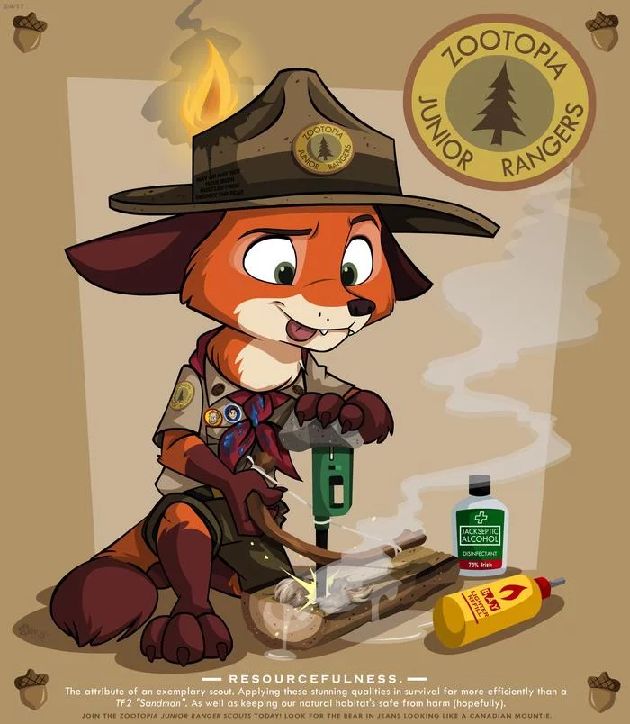 Resourcefulness is the main quality of a scout - Zootopia, Nick wilde, Scouts, Childhood, Ignition, Bonfire, Art