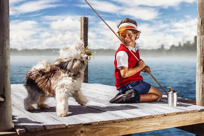 Well, friend?! Let's go fishing! :) - PHOTOSESSION, Fishing, Childhood, Dog, Boy, A fish, Longpost