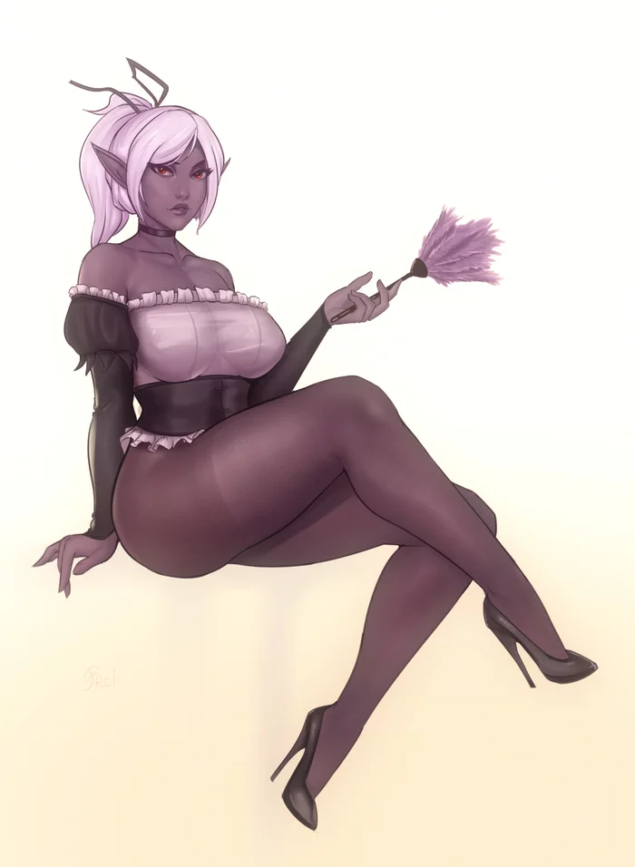 Dark Elf Maid in Pantyhose - NSFW, My, Elves, Drow, Tights, Housemaid, Hand-drawn erotica, High heels