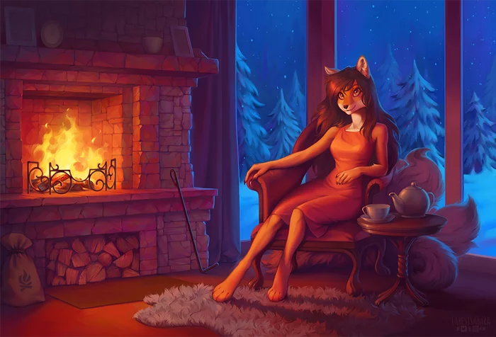 By the fireplace - Furry, Anthro, Art, Furry fox, Sabara