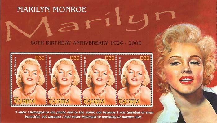 Marilyn Monroe on postage stamps (LXVII) Magnificent Marilyn cycle - 443 issue - Cycle, Gorgeous, Marilyn Monroe, Beautiful girl, Actors and actresses, Celebrities, Stamps, Blonde, , Collecting, Philately, Gambia, 2006, 1952, Longpost