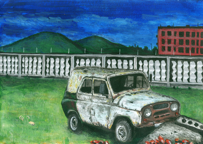 Вечер. Рисунок гуашью и акварелью