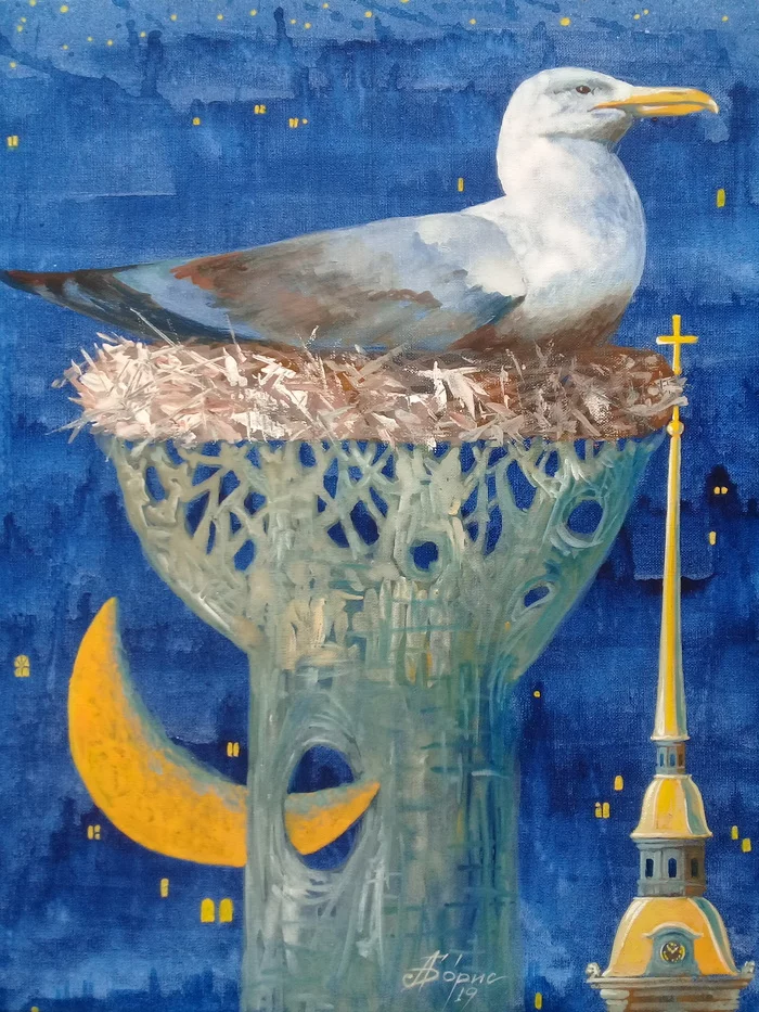 The painting Petersburg night - My, Art, Modern Art, Painting, Art, Painting, Seagulls, Saint Petersburg, White Nights, , Peter-Pavel's Fortress, Month, Nest