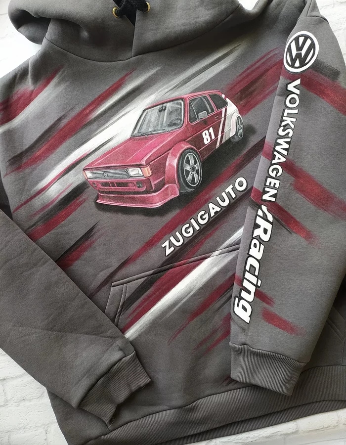 Volkswagen Rabbit on a sweatshirt. Handmade - My, Volkswagen, Auto, Motorists, Car, Race, Painting on fabric, With your own hands, Needlework, Customization, Custom, Painting, Longpost