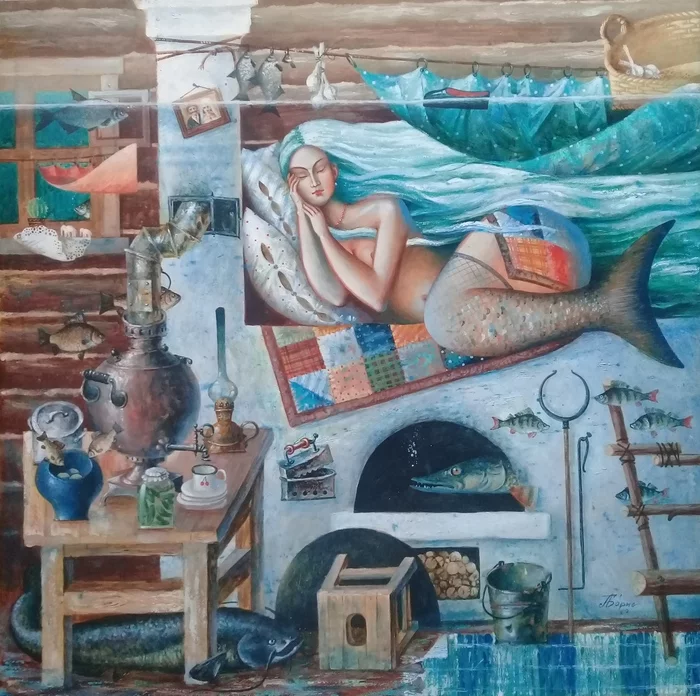 Flood in the middle zone - My, Painting, Modern Art, Art, Mermaid, Art, Fantasy, Flood, Samovar, A fish, Stove