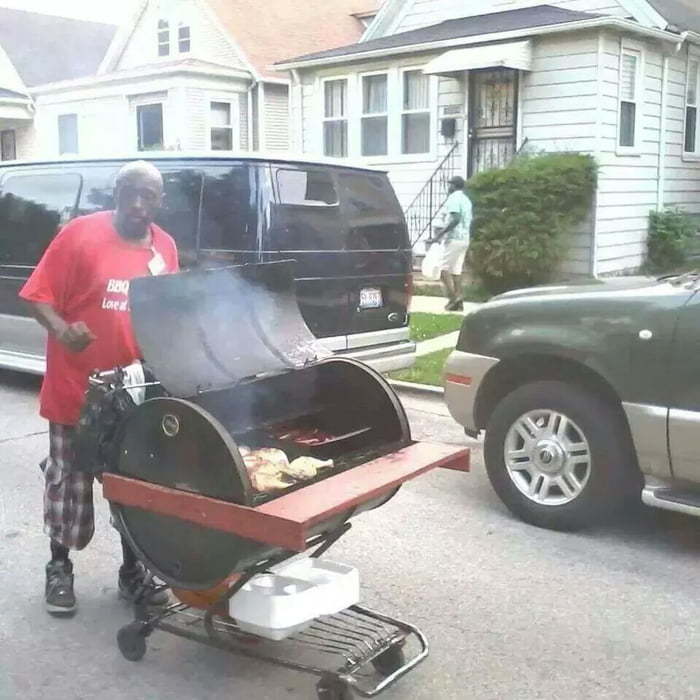 This guy walks around the neighborhood selling barbecue on the weekends like an ice cream truck. - B-B-Q, Salesman, 9GAG