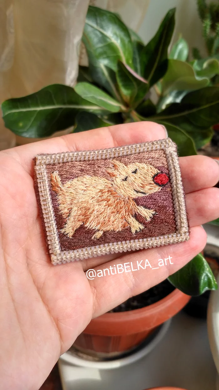 Brooch Happy dog - My, Brooch, Embroidery, Decoration, Handmade, Art, Dog, Stripe, Satin stitch embroidery, Longpost, , Needlework without process