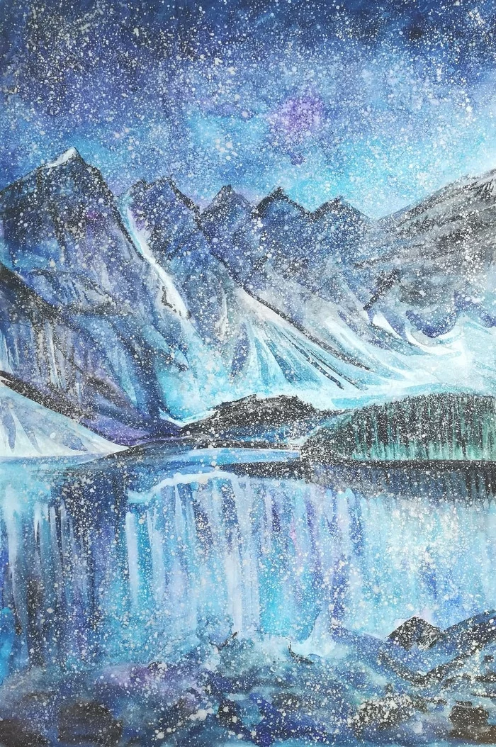 Mountains and lake - My, The mountains, Watercolor, Acrylic, Drawing, Landscape