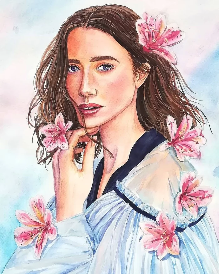 Portrait with Alstroemerias - My, Watercolor, Portrait by photo, Portrait, Flowers, Painting