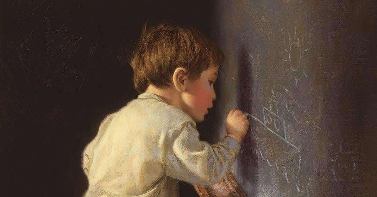 Картина мальчик с куклой на фоне окна. Художник Джим Дэйли (Jim Daly). Мальчик у доски. Картина ученик. Картина ученик у доски.