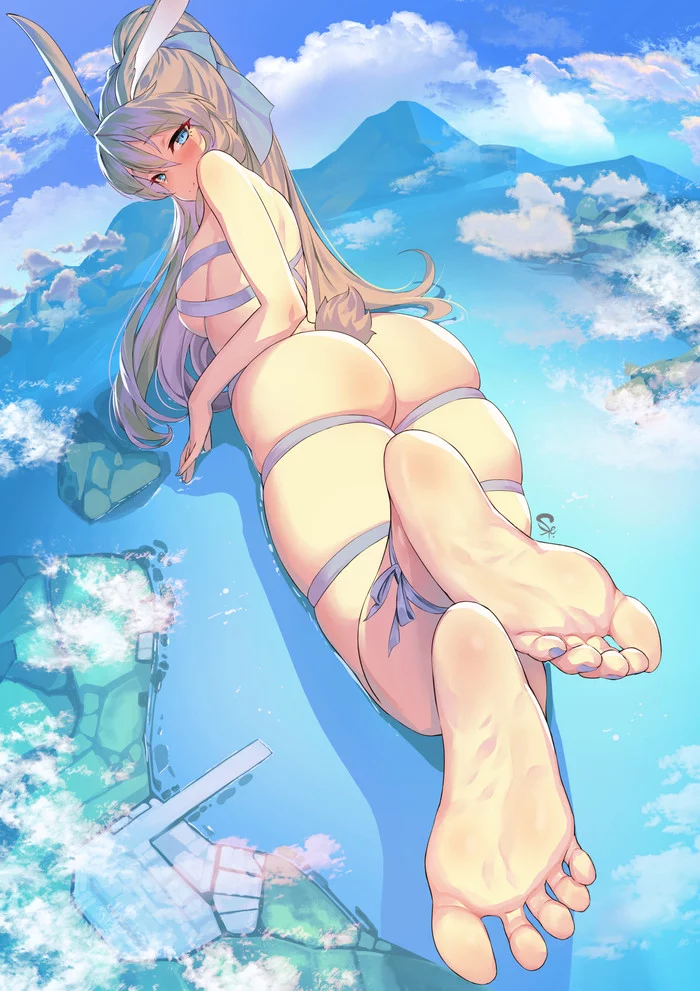 Bunny - NSFW, Anime, Anime art, Booty, Breast, Bunny ears, Hand-drawn erotica, Giants, The mountains, , Clouds, Feet, Animal ears