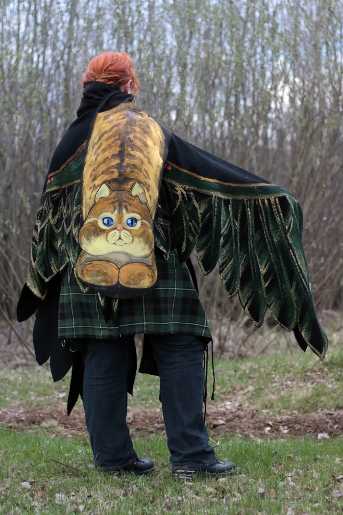 Shawl with cats on a scarf - My, Bliss, cat, Shawl, Wings, Painting on fabric, Needlework without process, Longpost