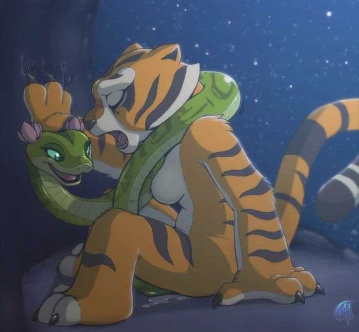 Night training - NSFW, Art, Drawing, Erotic, Hand-drawn erotica, Dreamworks, Cartoons, Kung Fu Panda, Master Tigress, , Master Viper, Furry, Furry art, Furry scalie, Furry snake, Furry feline, Furry tiger, Furry lesbian, Furry feral, Furotica female, Yiff