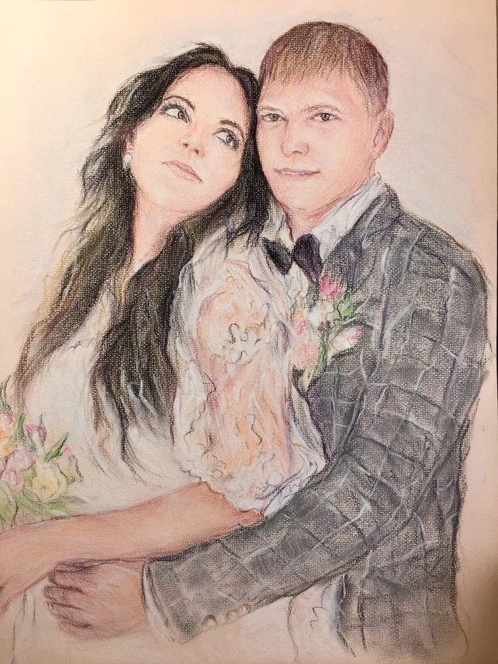In the technique of dry pastel drawing, the format is of course small for such drawings, but what is - My, Wedding, Black and white, Flowers, Painting, Girls, Men, Costume, Portrait, , Pair, Pencil drawing, Drawing, Painting, Longpost