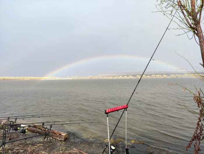 Amazing double rainbow in the rain - My, Double Rainbow, Rain, Nature, Fishing, Pond