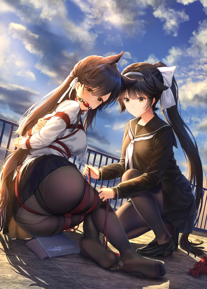 Atago and Takao - NSFW, Art, Girls, Anime art, Anime, Erotic, Hand-drawn erotica, Boobs, Bondage, , Binding, Haneru, Azur lane