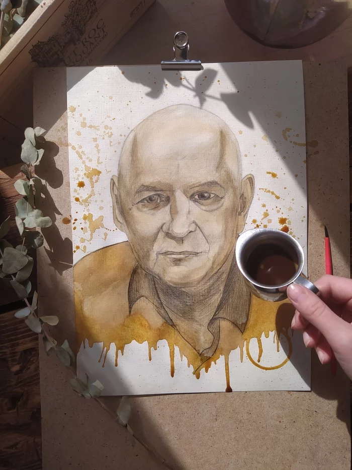 Pencil and coffee portrait - My, Coffee, Drawing, Portrait, Art, Coffeeart