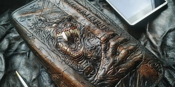 Handmade leather clutch / Werewolf / Monster - My, Longpost, Handmade, Needlework with process, Accessories, Wallet, Purse, Wallet, Clutch, Сумка, , Leather products, Natural leather, Embossing on leather, Exclusive, beauty, Style, Creative, Monster, Werewolves, Horror, Unusual, Video