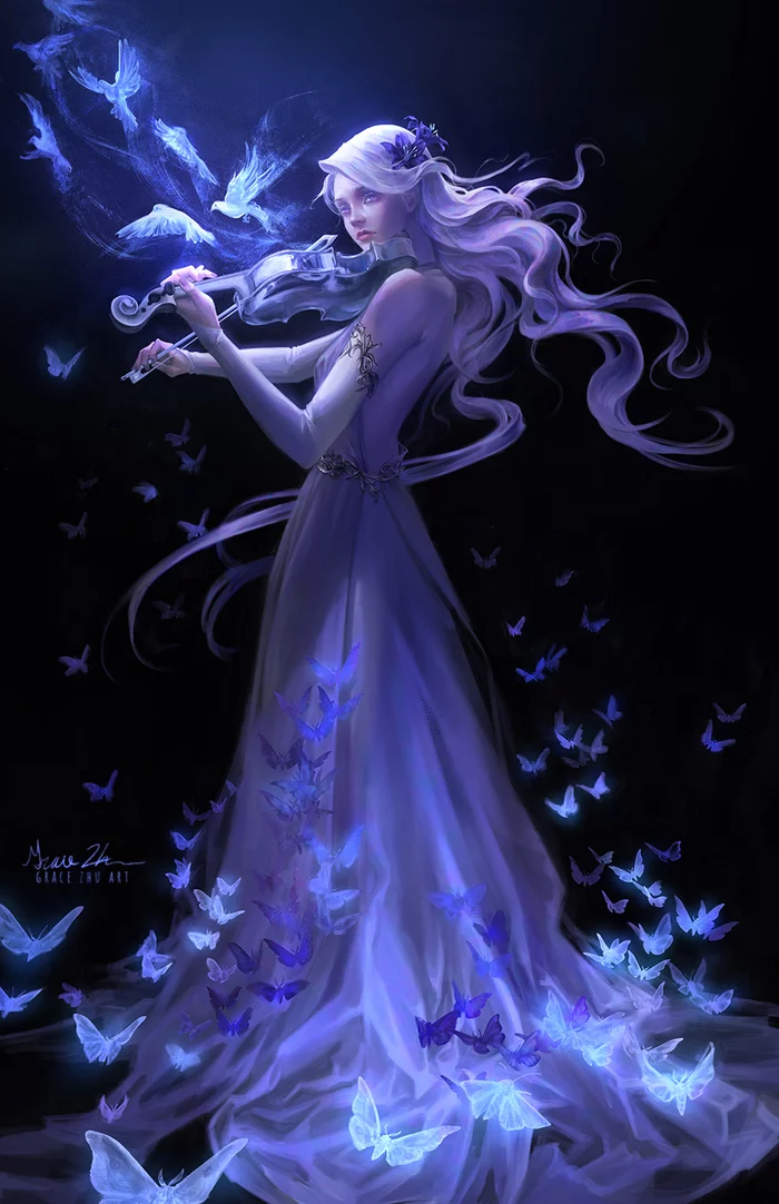 Phantom Melody - Drawing, Girls, Birds, Butterfly, Violin, Grace Zhu, Art