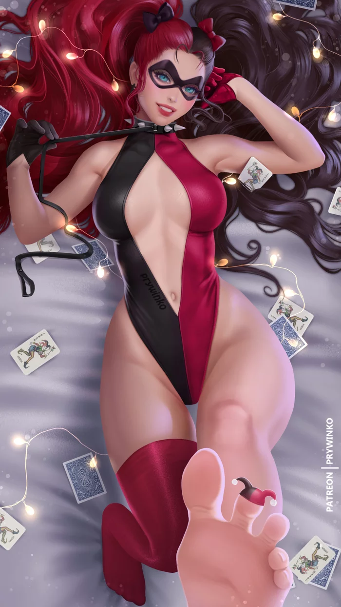 Harley Cutie - NSFW, Art, Drawing, Dc comics, Harley quinn, Girls, Erotic, Hand-drawn erotica, Underwear, , Stockings, Boobs, Collar, Leash, Playing cards, Supervillains, Prywinko, Longpost