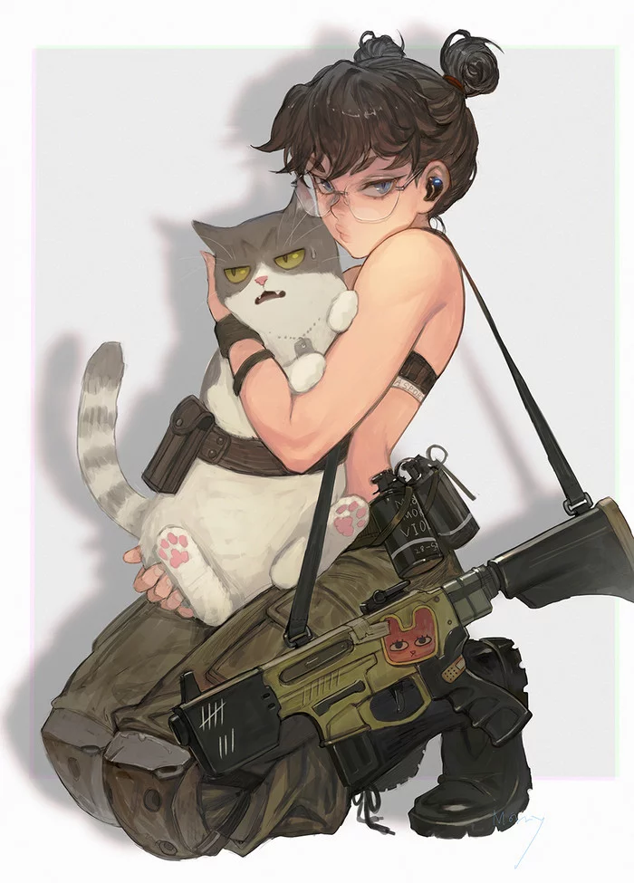 Battle partners - Art, Girls, cat, Weapon, Hand grenade, Drawing, Morry