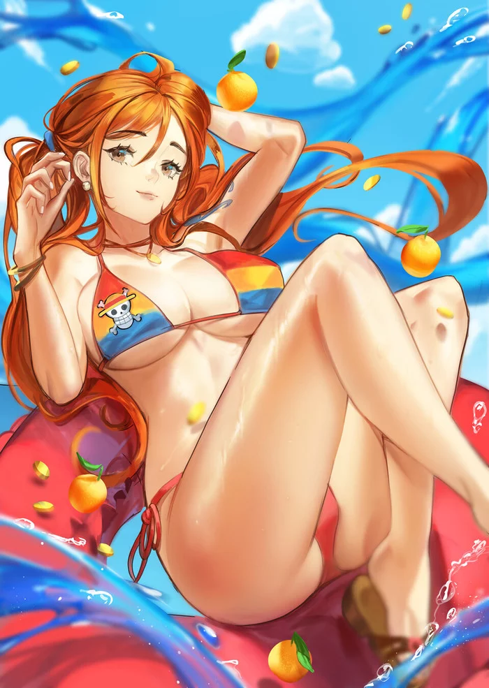 Nami - NSFW, Аниме, Арт, Anime Art, Эротика, One Piece, Nami, Девушки, Грудь, Бикини