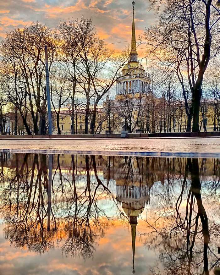 Admiralty - My, Saint Petersburg, Reflection, Mobile photography, Admiralty, Puddle, Sunset
