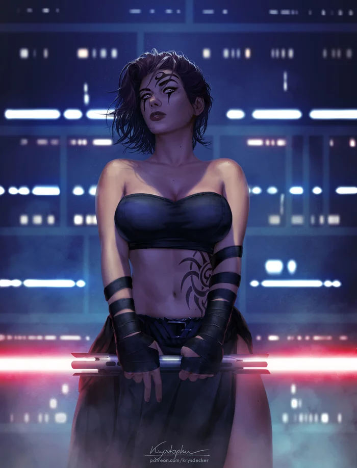 star Wars - NSFW, Art, Drawing, Star Wars, Girls, Erotic, Hand-drawn erotica, Boobs, Topless, Girl with tattoo, Lightsaber, Fandom, Krysdecker, Longpost