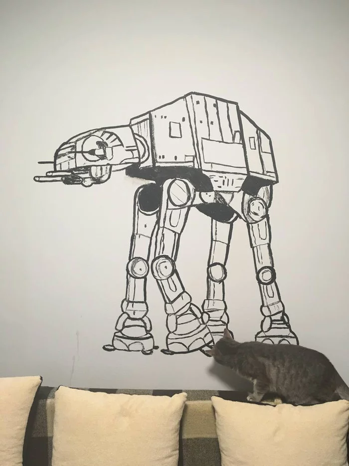 Нарисовал AT-AT на стене - Моё, At-At, Своими руками, Рисунок на стене, Кот, Длиннопост