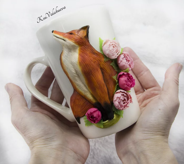 Fox and peonies - My, Polymer clay, Fox, Peonies, Needlework, Needlework without process, Кружки, Mug with decor, With your own hands, Longpost