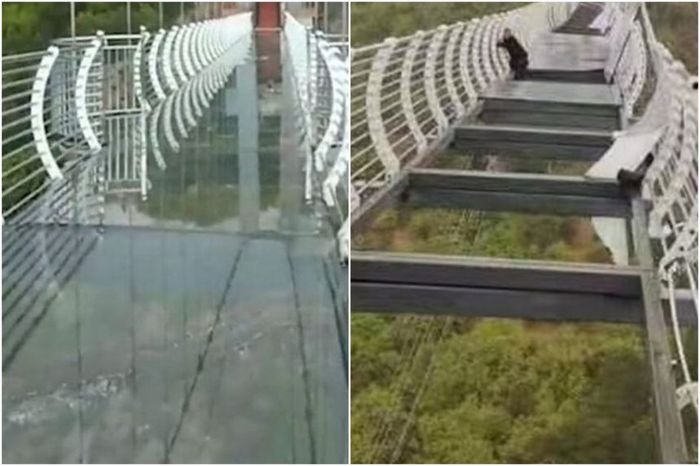 In China, a tourist got stuck on a glass suspension bridge at an altitude of 100 meters (May 7, 2021) - Picture with text, China, Constructions, news, Incident, Fake