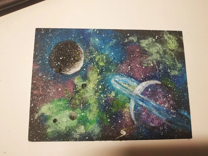 Space, sponge painting - My, Drawing, With your own hands, Space, Gouache