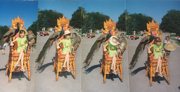 We bought a white hat, arrived in the city of Anapa ... - My, The photo, Childhood, Summer, Anapa, Monkey, Peacock, PHOTOSESSION, Resort, , Picture with text, Animals