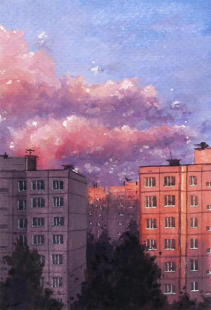May evening - My, Creation, Landscape, Painting, Art, Drawing, Painting, Watercolor, Russia, , Town, Cheboksary, Panel house, Sunset, Evening