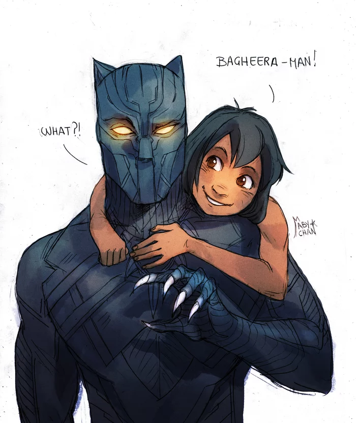 Black Panther and Mowgli - Art, Drawing, Marvel, Black Panther, Mowgli, Crossover