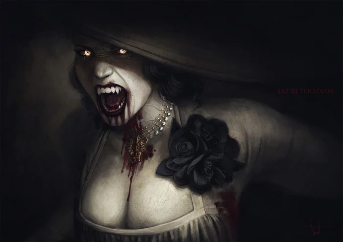 Rage - Drawing, Resident Evil 8: Village, Lady Dimitrescu - Resident Evil, Vampires, Girls, Art, Blood, Teresa Ramos